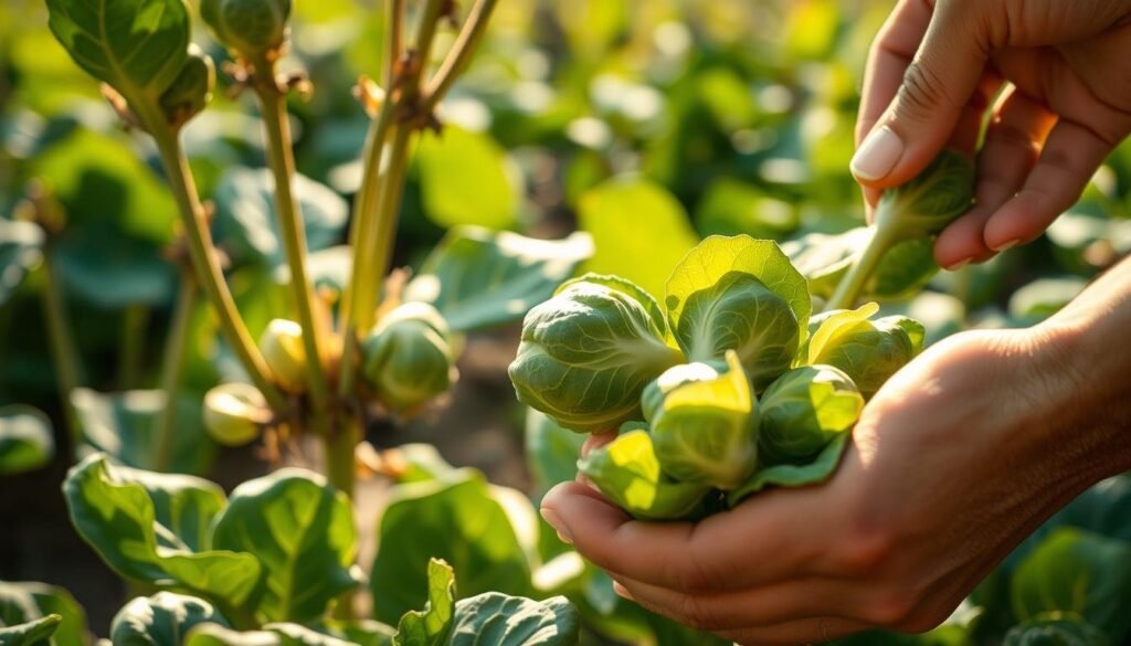 harvesting Brussels sprouts leaves
